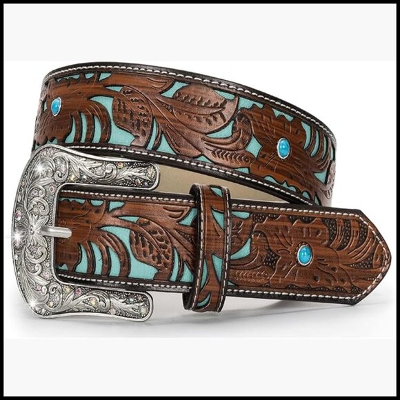 Faux Leather Rhinestone Western Belt with Turquoise Carved Pattern main image 5